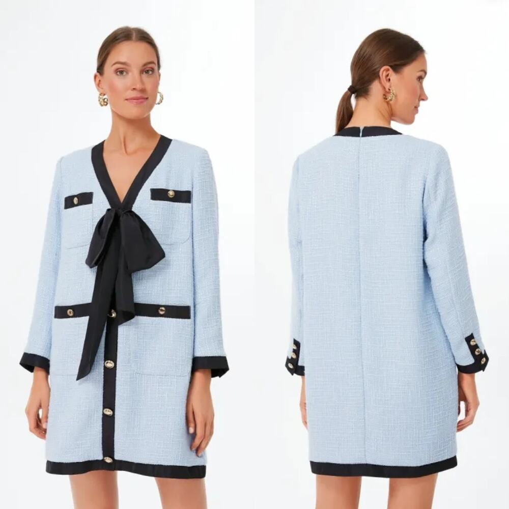 Pomander Place Coco Tweed Bow Dress XL Light Blue Paris Style Work Occasion NEW